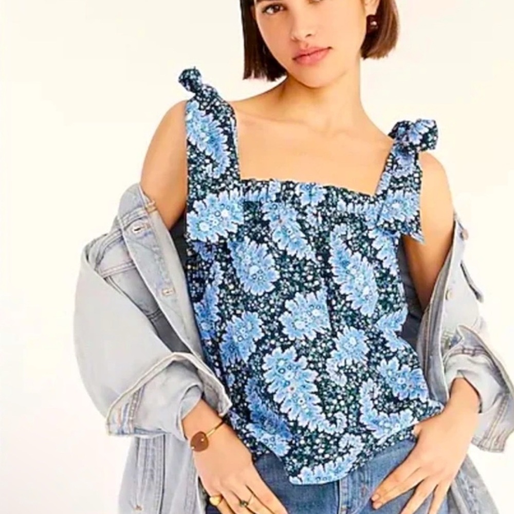 J. Crew Blue Smocked Tie Shoulder Tank Top